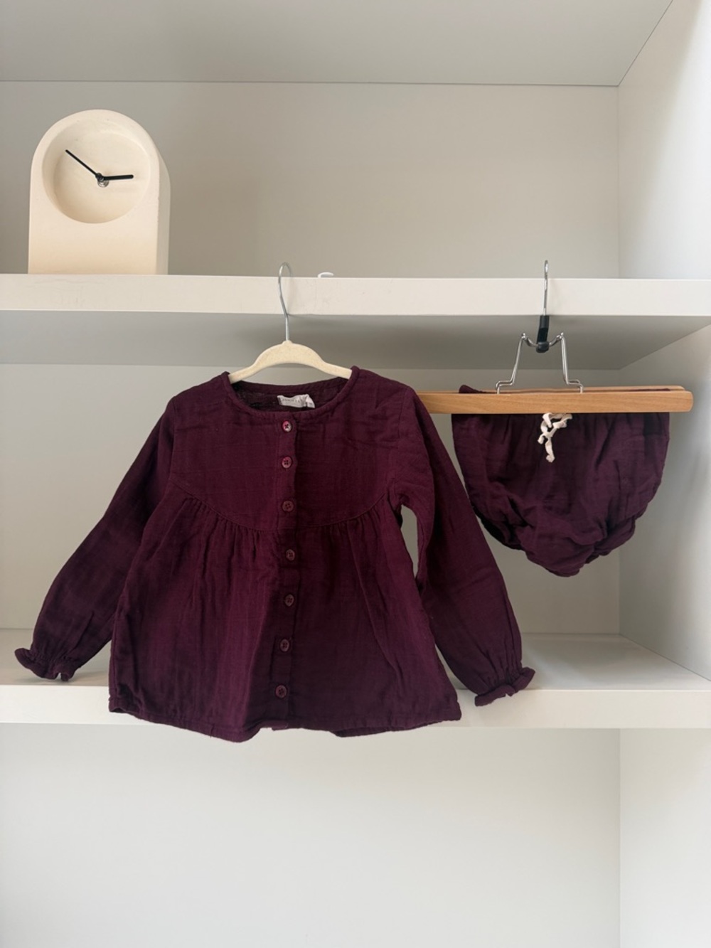 Girls Plum Button-Front Muslin Gauze Top with Matching Bloomer